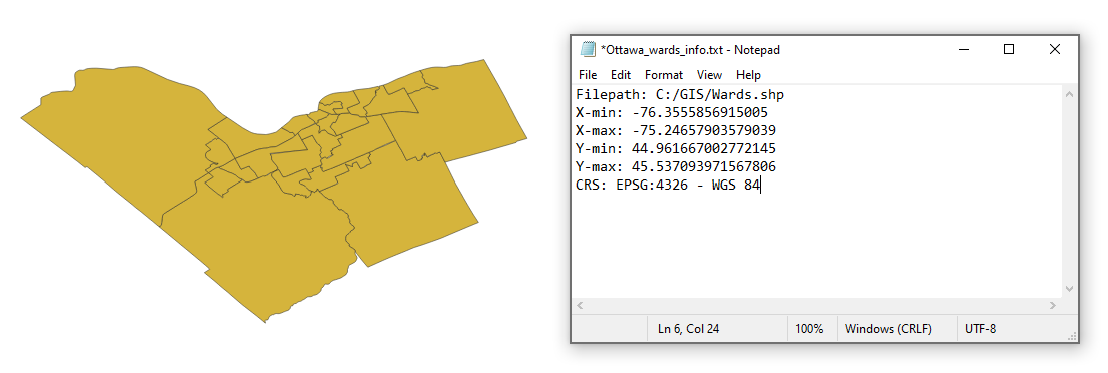 Display Info's text file output for a layer of the City of Ottawa's wards.
