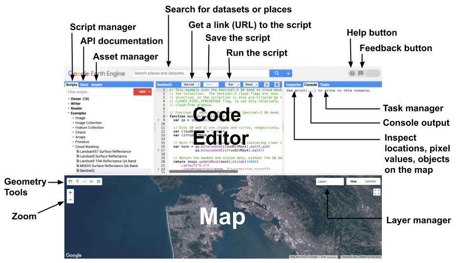 Diagram of components of the Earth Engine Code Editor.