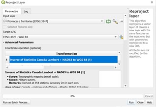 Figure 2. Reproject layer: Run as batch process