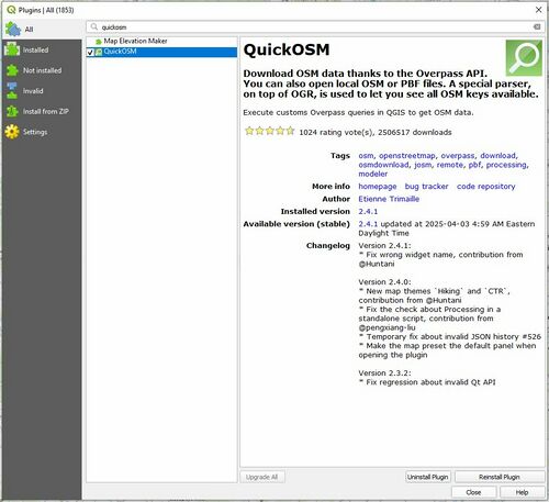 The plugin page for quickosm installation