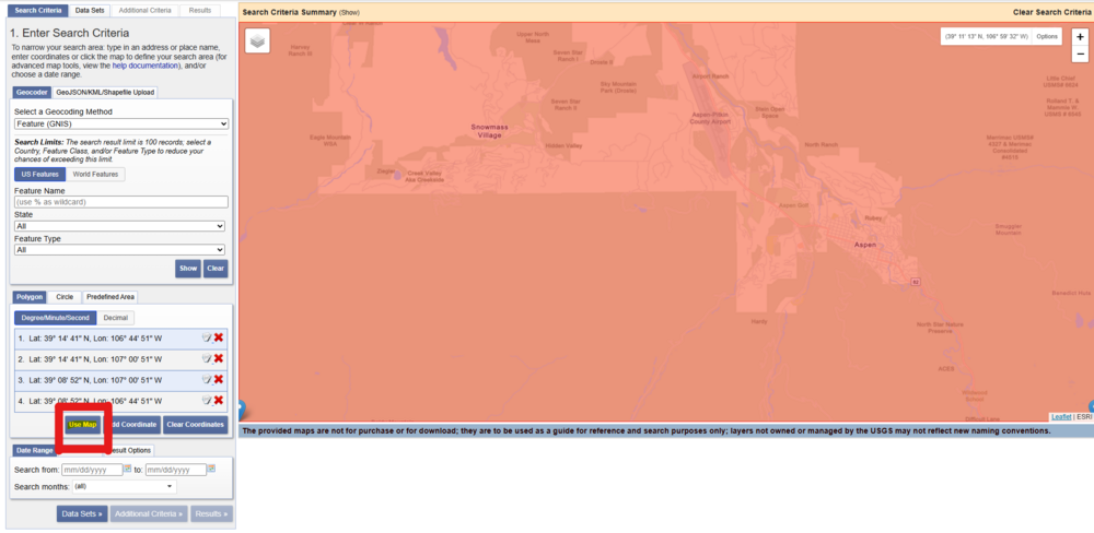 A defined area containing Aspen and Snowmass using the "Use Map" function