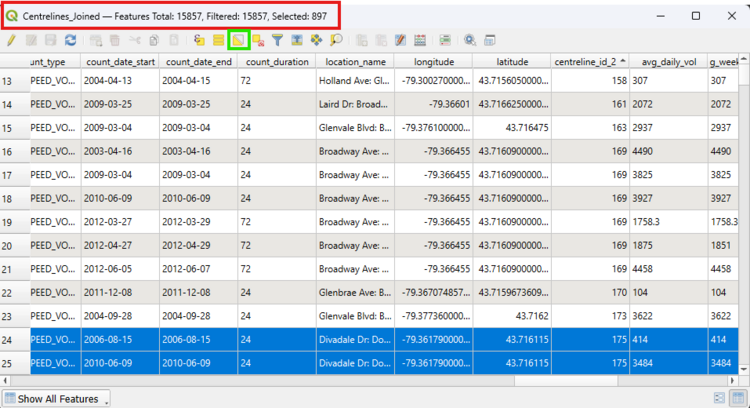 Screenshot of attribute table in QGIS to show where the # of selected features is.