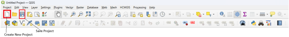 Annotated image showing how to create and save a project in QGIS