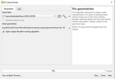 Figure 8. Example of the correct selections for the Fix Geometries tool